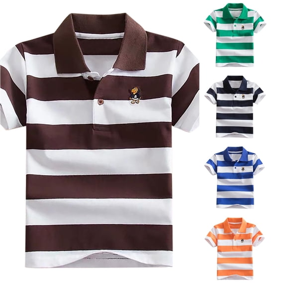 OSOLU Boys Polo Shirt Short Sleeve Lapel Striped cute Embroidery Button Placket Casual Pullover Tops Coffee