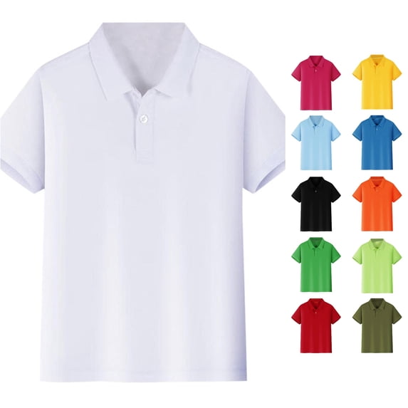 OSOLU Boys Polo Shirt Solid Color Short Sleeve Button Placket Casual Daily Kids Tops White