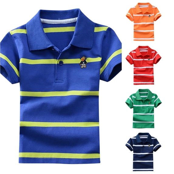 OSOLU Boys Polo Shirt Toddler Short Sleeve Collar Cartoon Logo Striped Daily Playwear Shirt Blue