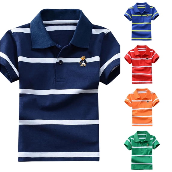 OSOLU Boys Polo Shirt Toddler Short Sleeve Collar Cartoon Logo Striped Daily Playwear Shirt Navy