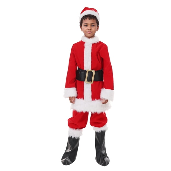 OSOLU Boys Santa 4 Piece Outfit Coat and Pants Straight Leg Pants Accent Christmas Party Stage