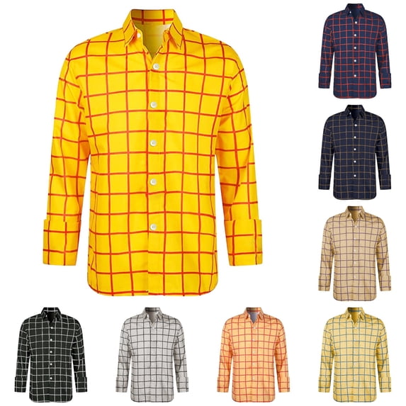 OSOLU Boys Shirt Long Sleeve Turndown Collar Grid Plaid Button Front Soft Kids Spring Fall Casual Layering Tops Yellow