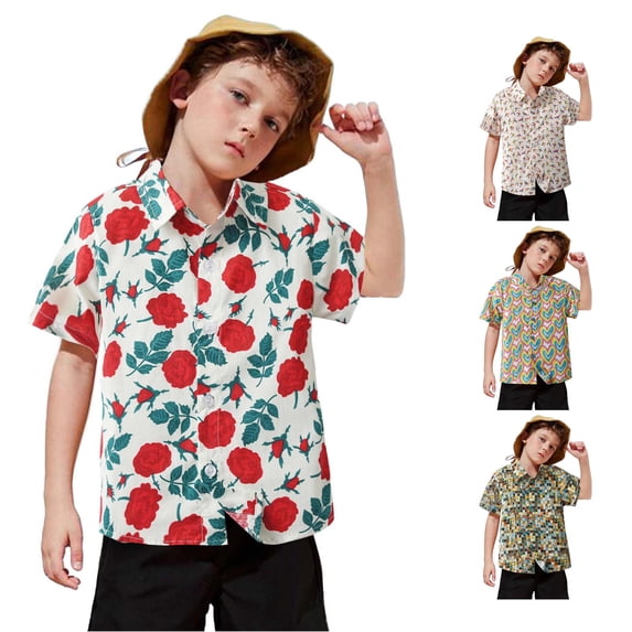 OSOLU Boys Shirt Short Sleeve Lapel Collar All Over Geometric Print Full Button Casual Tops Red