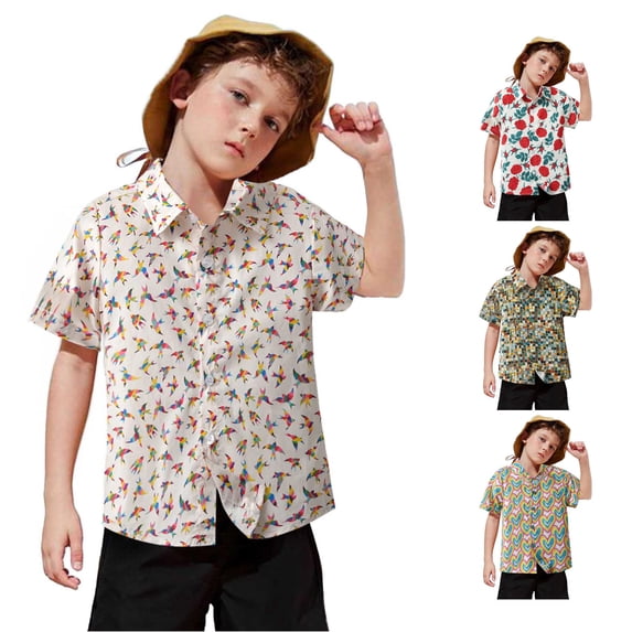 OSOLU Boys Shirt Short Sleeve Lapel Collar All Over Geometric Print Full Button Casual Tops White