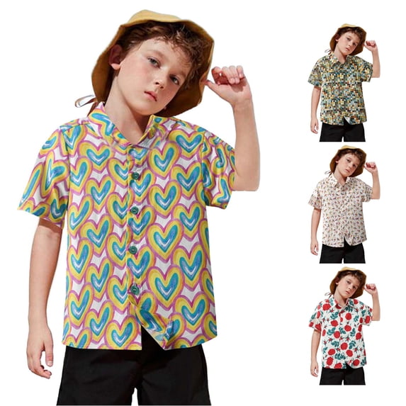 OSOLU Boys Shirt Short Sleeve Lapel Collar All Over Geometric Print Full Button Casual Tops Yellow