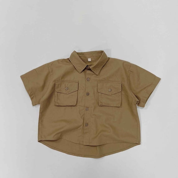 OSOLU Boys Shirt Short Sleeve Solid Color Button Down Lapel Collar with Pocket Cargo Casual Tops Khaki