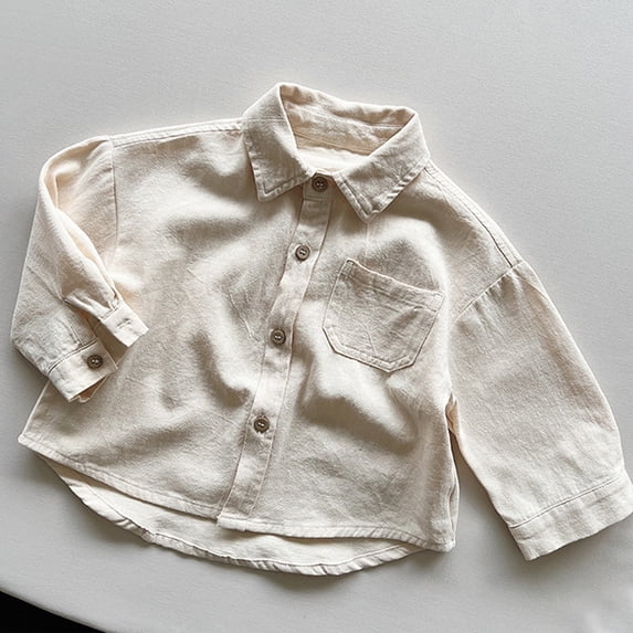 OSOLU Boys Shirt Solid Color Turndown Collar Long Sleeve Single with Pocket Spring Layering Shirt Beige