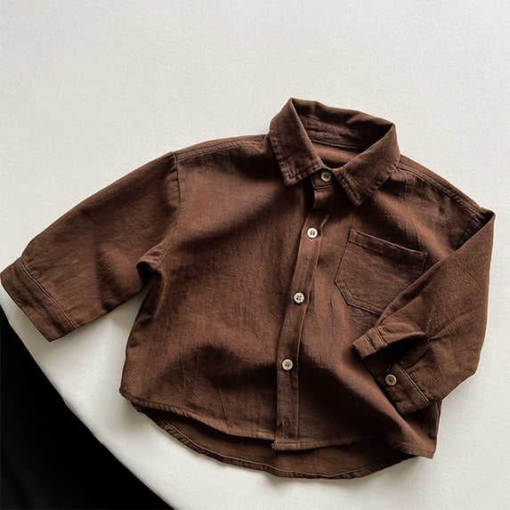 OSOLU Boys Shirt Solid Color Turndown Collar Long Sleeve Single with Pocket Spring Layering Shirt Coffee