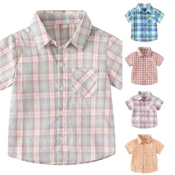 OSOLU Boys Shirt Turndown Collar Short Sleeve Plaid Check Print with Pocket Full Button Casual Tops Light Pink