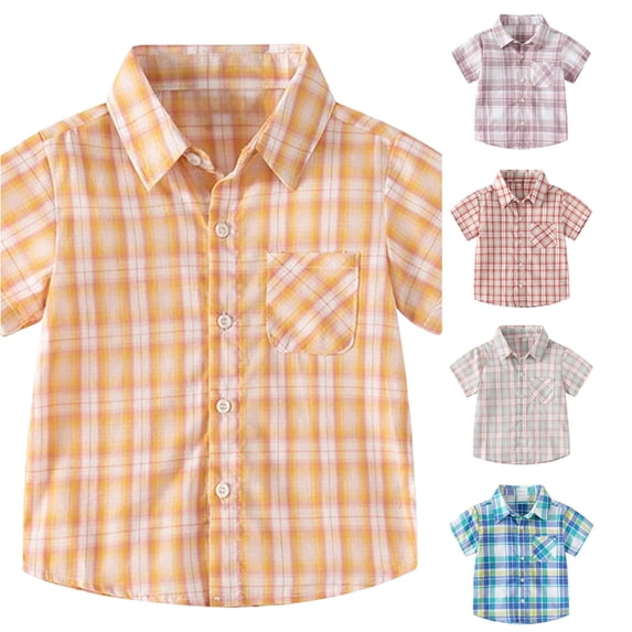 OSOLU Boys Shirt Turndown Collar Short Sleeve Plaid Check Print with Pocket Full Button Casual Tops Orange