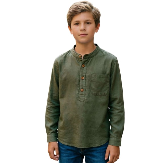OSOLU Boys Shirts Button Up Solid Color Long Sleeve Dress Shirts Lightweight Tops with Pocket Beach Vacation Blouse