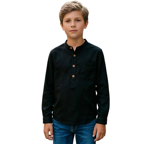 OSOLU Boys Shirts Button Up Solid Color Long Sleeve Dress Shirts Lightweight Tops with Pocket Vacation Beach Blouse