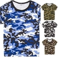 thumbnail image 1 of OSOLU Boys T-Shirt Crew Neck Short Sleeve Blue Camo All Over Print Contrast Neck Trim Kids Casual Tops Blue, 1 of 3