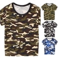 thumbnail image 1 of OSOLU Boys T-Shirt Crew Neck Short Sleeve Blue Camo All Over Print Contrast Neck Trim Kids Casual Tops Coffee, 1 of 7