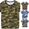 thumbnail image 1 of OSOLU Boys T-Shirt Crew Neck Short Sleeve Blue Camo All Over Print Contrast Neck Trim Kids Casual Tops Green, 1 of 5