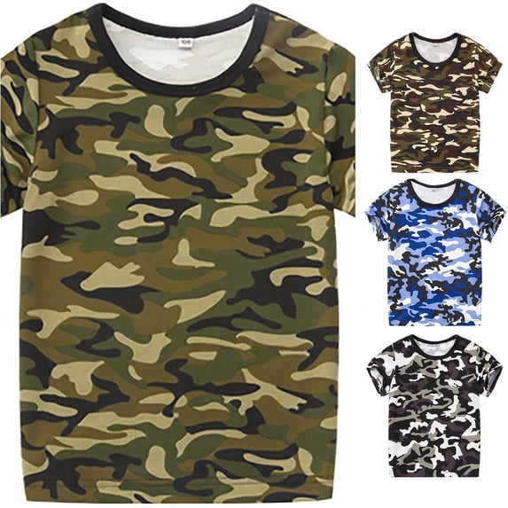 OSOLU Boys T-Shirt Crew Neck Short Sleeve Blue Camo All Over Print Contrast Neck Trim Kids Casual Tops Green