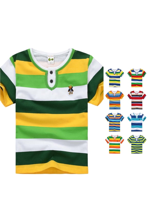 Boys T-Shirt Toddler Short Sleeve Half Placket Colorful Striped Layered Collar Cartoon Patch Soft Daily Tee