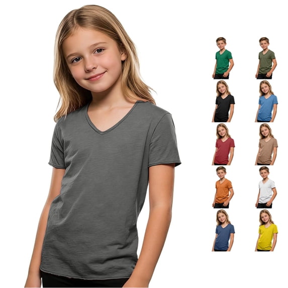 OSOLU Boys T-Shirt V Neck Solid Color Short Sleeve Plain Minimalist Youth Outdoor Casual Tops Gray