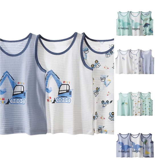 OSOLU Boys Tank Tops Sleeveless 3 Pack Contrast Trim Dinosaur Print Breathable Striped Casual Undershirt Sky Blue