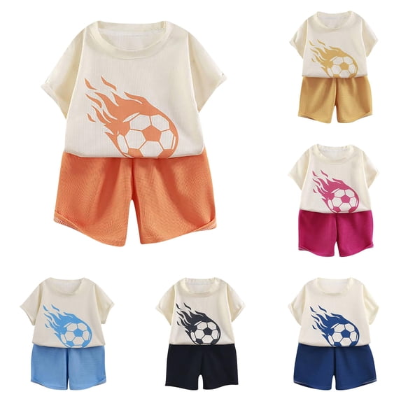 OSOLU Children Boys Outfits Knit Short Sleeve Football Pattern T-Shirts and Shorts Casual 2 Piece Tracksuit Soft Comfortable Fashion Travel Clothing Sets