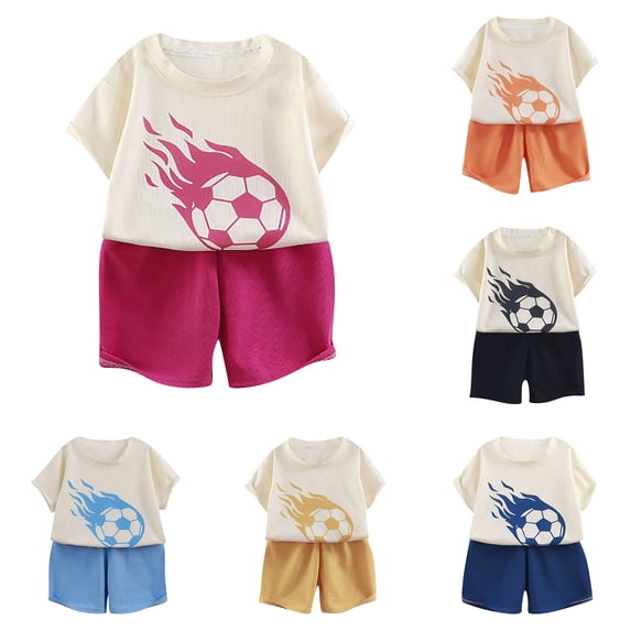 OSOLU Children Boys Outfits Knit Short Sleeve Football Pattern T-Shirts and Shorts Casual 2 Piece Tracksuit Soft Comfortable Relaxed Holiday Clothing Sets