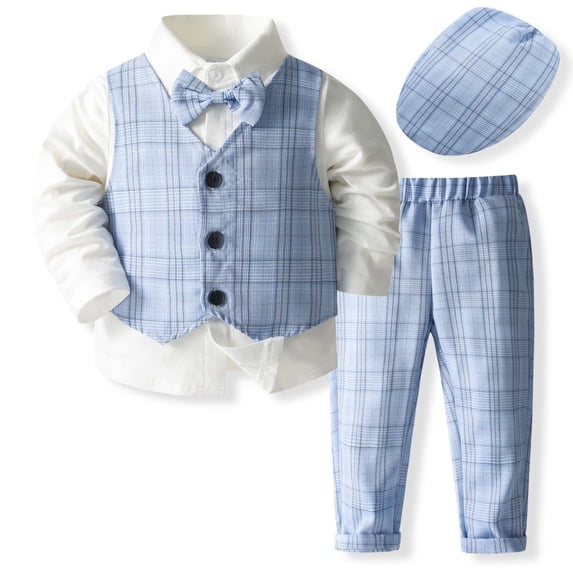 OSOLU Children Boys Outfits Plaid Print Formal Shirt+Vest+Pants Tuxedo Gentleman Suits Soft Comfortable Fashion Travel Clothing Sets