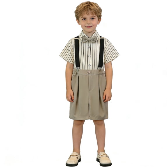 OSOLU Children Boys Outfits Short Sleeve Striped Shirts with Suspenders Summer Formal Wear Performance Comfortable Breathable Beach Vacation Clothing Sets