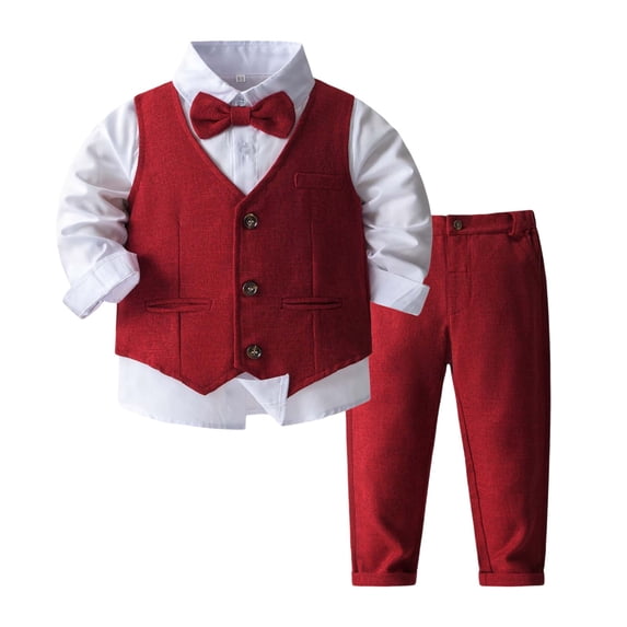 OSOLU Children Boys Outfits Solid Color Formal Shirt+Vest+Pants Tuxedo Gentleman Suits Party Performance Versatile Travel Clothing Sets