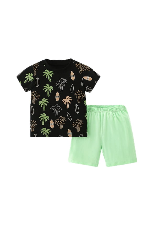 Children Boys Outfits Summer 2 Piece Coconut Tree Print Soft Comfortable Crew Neck Short Sleeve Shirts and Shorts Casual Daily Wear Classic Travel Clothing Sets