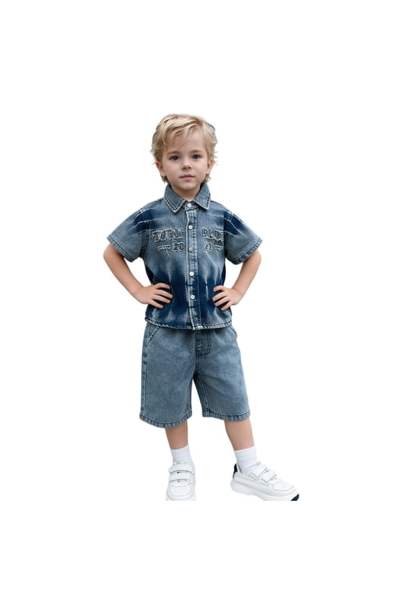 Children Boys Outfits Summer Short Sleeve T-Shirts with Denim Shorts 2 Piece Embroidery Detail Comfortable Casual Daily Wear Holiday Vacation Clothing Sets