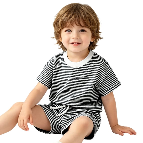 OSOLU Children Boys Outfits Summer Striped Knit Crew Neck Tee and Shorts 2 Piece Thin Breathable Casual Daily Wear Fashion Travel Clothing Sets