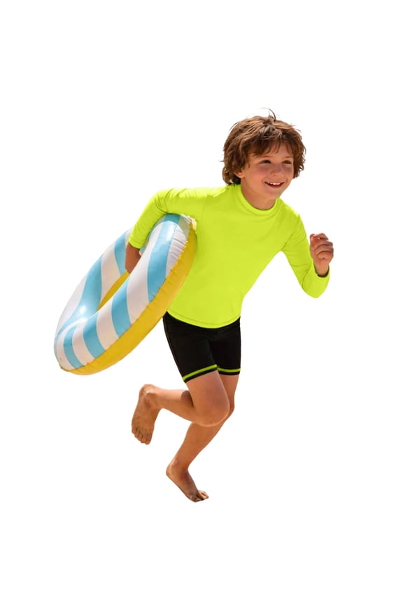 Children Boys Swim Shirt Solid Color Long Sleeve Crew Neck Rash Guard Pool Summer Uv Protection Swimwear Beach Swim Bathing Suits