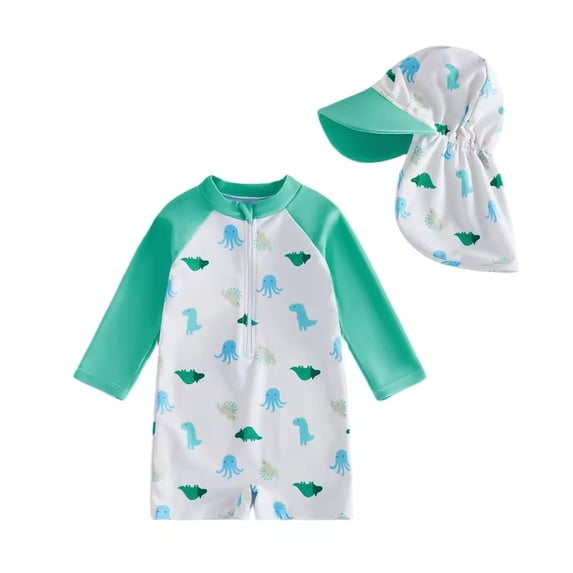 OSOLU Children Boys Swimsuit Sets Summer Cute Cartoon Print Rash Guard Long Sleeve Zipper Romper Hat Clothes Beach Pool Sporty Training Bathing Suit