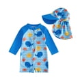 thumbnail image 1 of OSOLU Children Boys Swimsuit Sets Summer Cute Cartoon Print Rash Guard Long Sleeve Zipper Romper Hat Clothes Beach Pool Trendy Vacation Bathing Suit, 1 of 3