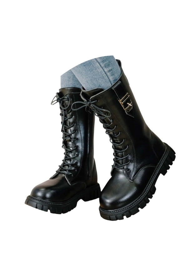Children Girls Boots Autumn Winter Mid Tall Boots Solid Color Lace Up Slip-Resistant Fun Vibrant Shoes