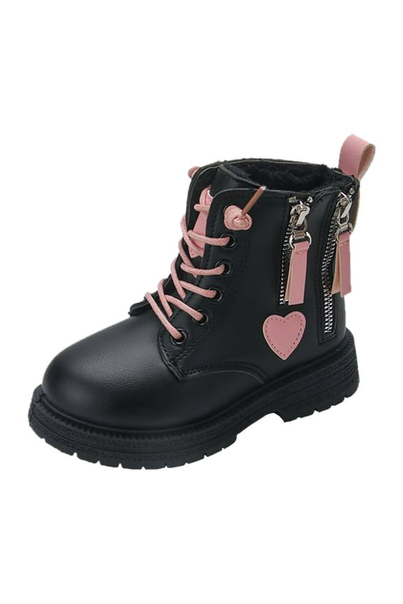 Children Girls Boots Winter Leather Lace Up Solid Color Matching Side Zipper Boots Stylish Versatile Shoes
