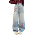 thumbnail image 1 of OSOLU Children Girls Cargo Jeans Baggy Wide Leg Elastic Waist Loose Fit with Multiple Pockets Denim Pants Leisure Stylish Trousers, 1 of 8