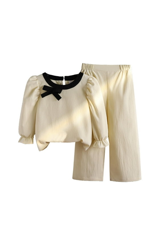 Children Girls Clothing Sets 2-Pack Fall Fashion Bow Long Sleeve Top and Pants Daily Wear Stylish Classic Outfit Sets