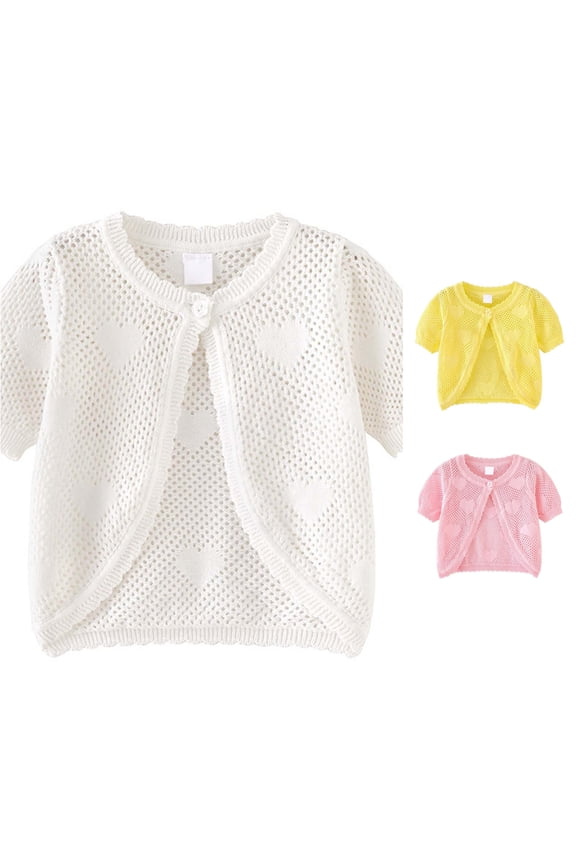 Children Girls Knit Cardigan Short Sleeve Solid Color Shirt Lightweight Open Front Comfortable Breathable Family Vacation Tops