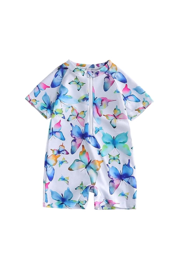 Children Girls One Piece Swimsuits Butterfly Print Short Sleeve Crew Neck with Front Zipper Swimwear Uv Protection Rash Guard Summer Pool Outdoor Trendy Beach Bathing Suit