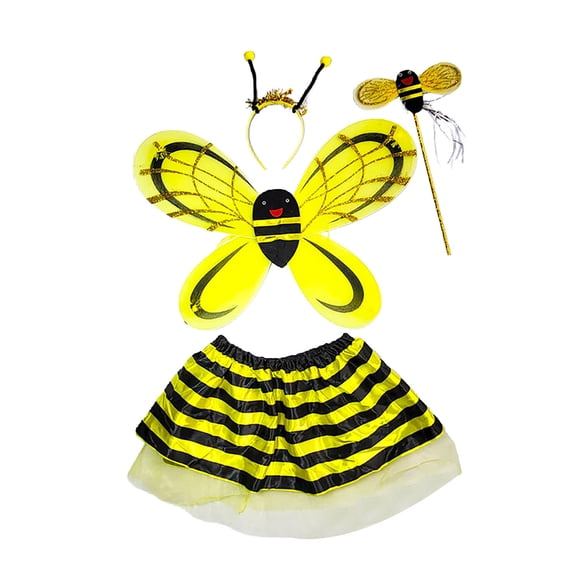 OSOLU Children Girls Outfits Adorable 4 Piece Bee Short Skirt Wings Headband Magic Wand Dress Up Breathable Fashion Vacation Clothing Sets