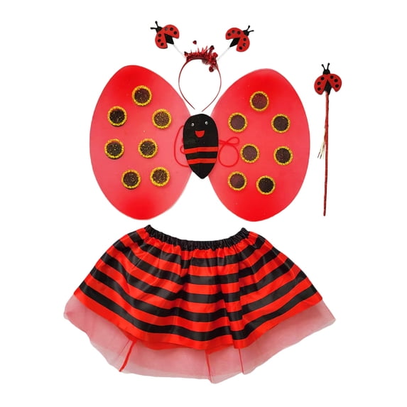 OSOLU Children Girls Outfits Adorable 4 Piece Cute Ladybug Short Skirt Wings Headband Magic Wand Dress Up Breathable Travel Holiday Clothing Sets