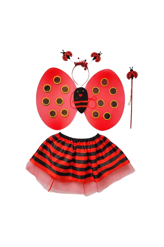 Children Girls Outfits Adorable 4 Piece Cute Ladybug Short Skirt Wings Headband Magic Wand Dress Up Breathable Travel Holiday Clothing Sets