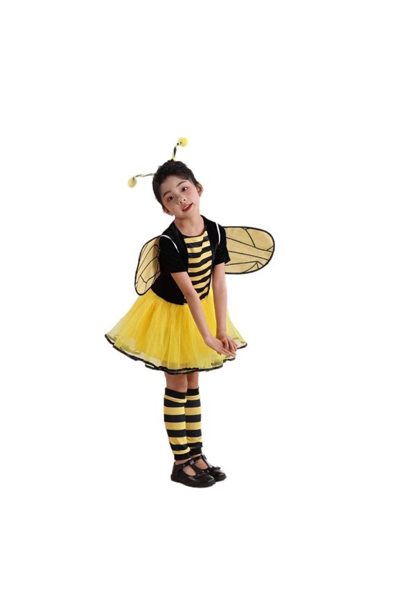 Children Girls Outfits Adorable Performance Short Sleeve Crew Neck Bee Cartoon Animal Stage Show Party Dress Classic Versatile Clothing Sets