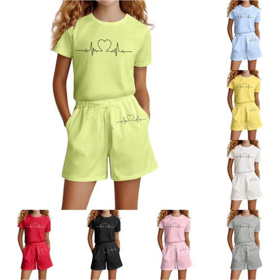 OSOLU Children Girls Outfits Letter Print Casual Loose Short Sleeve Crew Neck T-Shirts and Shorts with Pockets Suit Everyday Wear Vacation Beach Clothing Sets