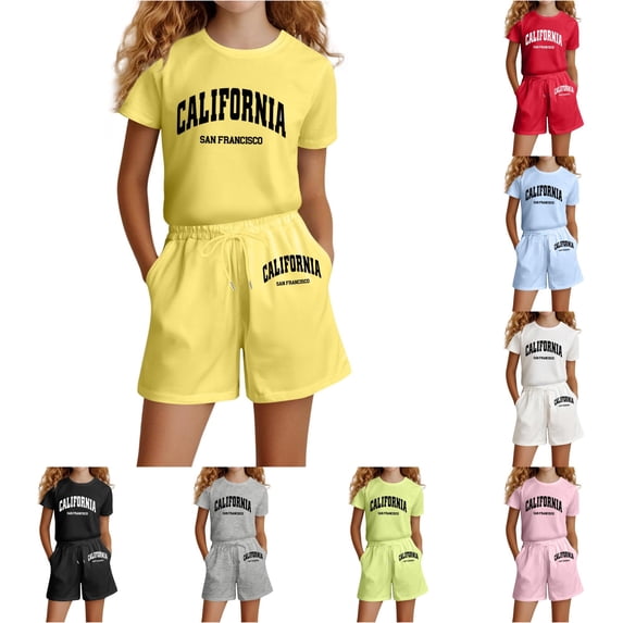 OSOLU Children Girls Outfits Letter Print Casual Loose Short Sleeve Crew Neck T-Shirts and Shorts Suit with Pockets Daily Wear Holiday Vacation Clothing Sets