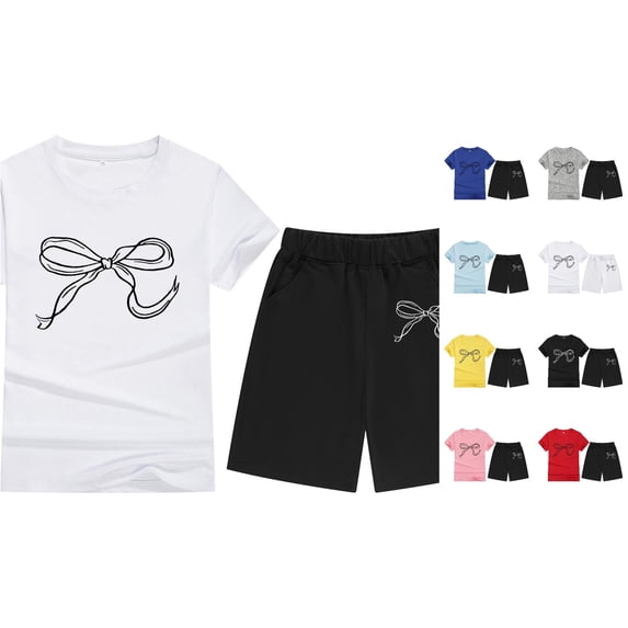 OSOLU Children Girls Outfits Short Sleeve Bow Print Crew Neck T-Shirts and Shorts Comfy Comfortable Breathable Classic Versatile Clothing Sets