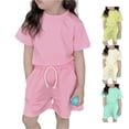 thumbnail image 1 of OSOLU Children Girls Outfits Soft Short Sleeve Crew Neck T-Shirts and Shorts Loungewear 2 Piece Pants Home Wear Trendy Travel Clothing Sets, 1 of 3