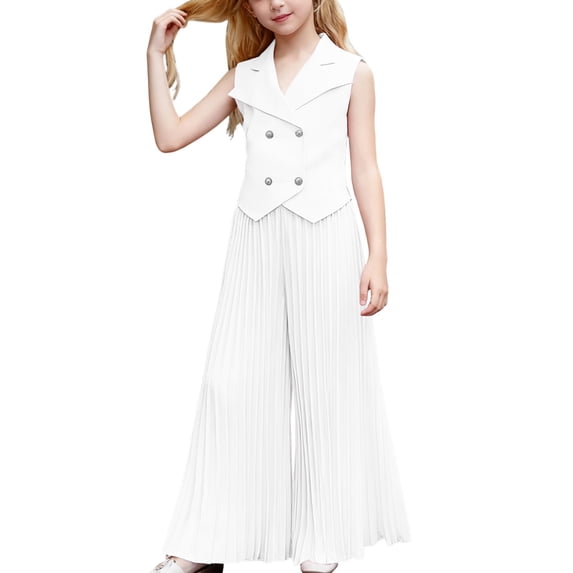OSOLU Children Girls Outfits Solid Color Sleeveless Tops Wide Leg Pleated Pants 2 Piece Comfortable Casual Party Wear Beach Vacation Clothing Sets