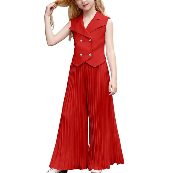 OSOLU Children Girls Outfits Solid Color Sleeveless Tops Wide Leg Pleated Pants 2 Piece Comfortable Casual Party Wear Vacation Holiday Clothing Sets